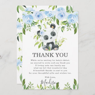 Cute Panda Light Blue Floral Greenery Baby Shower Thank You Card