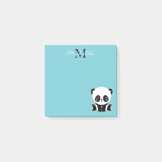 Cute Panda Monogram Bubble Gum Blue Post-it Notes (Front)