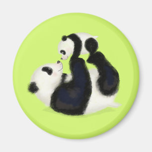 Cute panda mother and cub round magnet (lime)