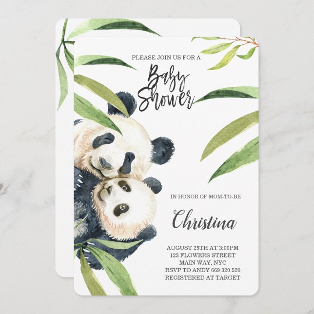Cute Panda Mum & Baby Eucalyptus Baby Shower Invitation (Front/Back)