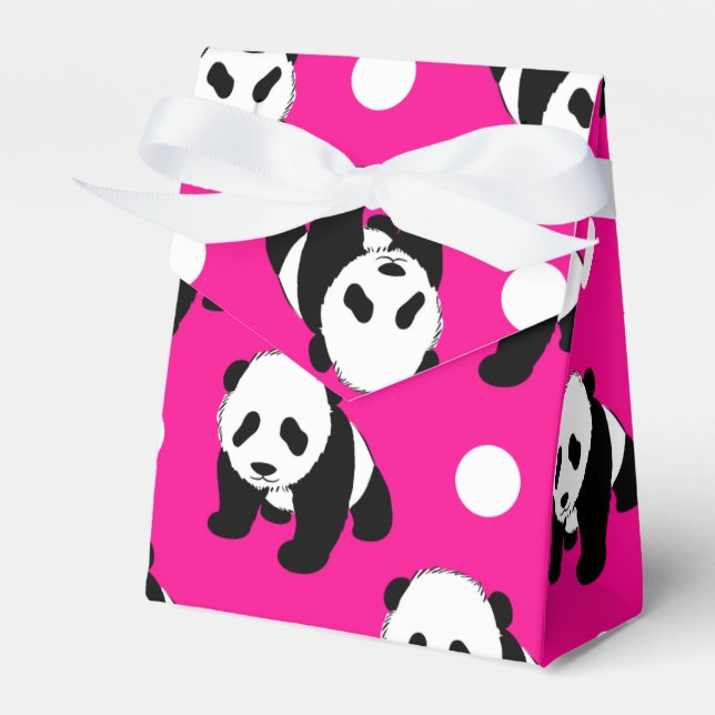 Cute Panda; Neon Pink, Black & White Polka Dots Favour Box (Front Side)