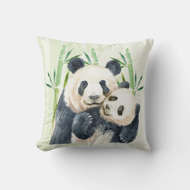 Cute Panda Pair & Bamboo Watercolor Cushion (Front)