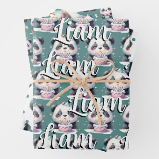 Cute Panda Pattern Birthday Boy Green Wrapping Paper Sheet