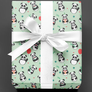 Cute Panda Pattern Birthday   Green Wrapping Paper