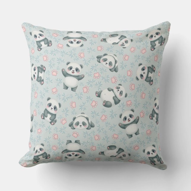 Cute Panda Paws and Bamboo Seamless Pattern Cushion (Front)