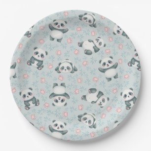 Cute Panda Paws and Bamboo Seamless Pattern Paper Plate