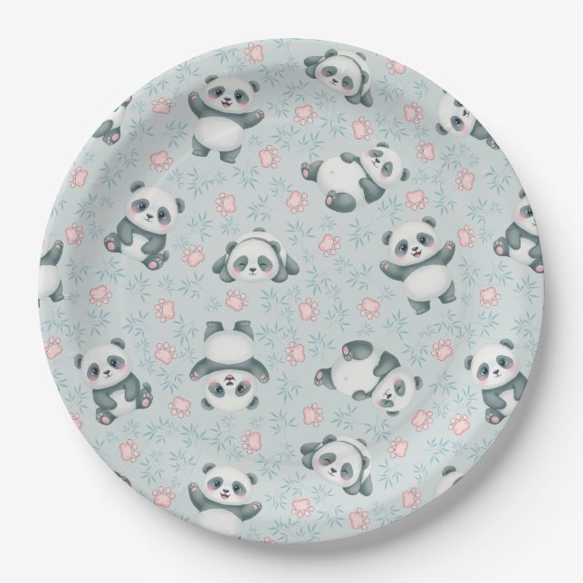 Cute Panda Paws and Bamboo Seamless Pattern Paper Plate (Front)