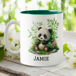 Cute Panda Personalised Floral Bamboo Two-Tone Coffee Mug