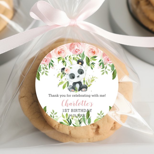 Cute Panda Pink Floral Bamboo Baby Shower Birthday Classic Round Sticker (Creator Uploaded)
