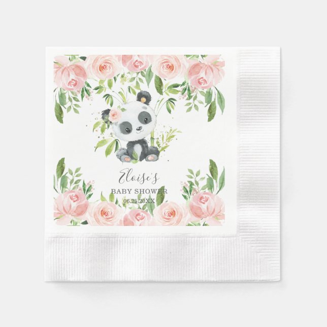 Cute Panda Pink Floral Bamboo Baby Shower Birthday Napkin (Front)