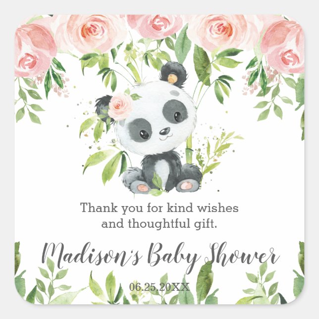 Cute Panda Pink Floral Bamboo Baby Shower Birthday Square Sticker (Front)