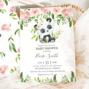 Cute Panda Pink Floral Greenery Baby Shower Girl Invitation
