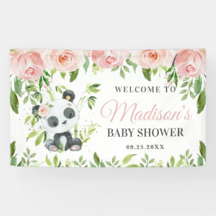 Cute Panda Pink Floral Greenery Bamboo Backdrop  Banner