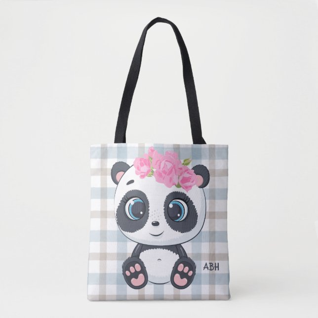 Cute Panda Pink Floral Monogram Name Tote Bag (Front)