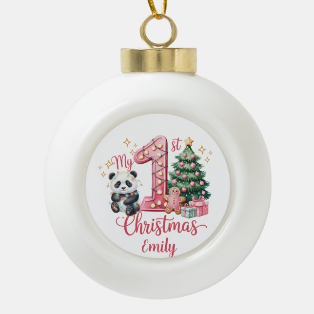 Cute Panda Pink My First Christmas Personalise  Ceramic Ball Christmas Ornament (Front)