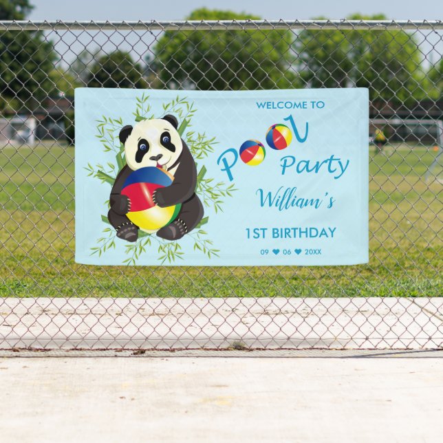 Cute Panda Pool Party 1st Birthday Welcome Banner (Insitu)