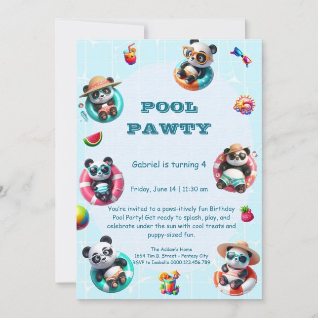 Cute Panda Pool Party Birthday Invitation Summer  (Front)
