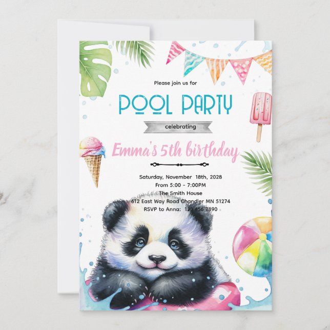 Cute panda pool theme invite (Front)