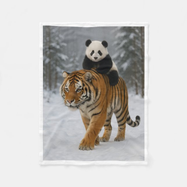 Cute Panda Riding a Tiger in Snowy Forest Throw Bl Fleece Blanket (Front)