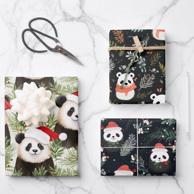 Cute Panda Rustic Winter holiday watercolors Wrapping Paper Sheet (Front)