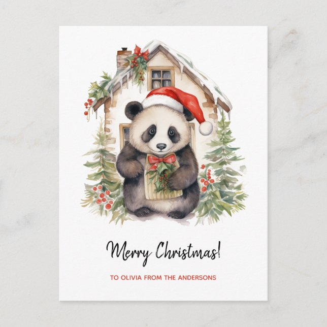 Cute Panda Santa Christmas House Postcard (Front)