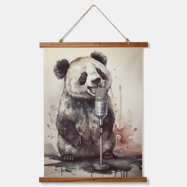 Cute panda singing through retro microphone hanging tapestry (Front)