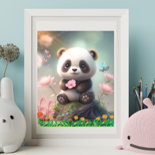 Cute Panda Sitting in Pink Floral Garden Art Poster