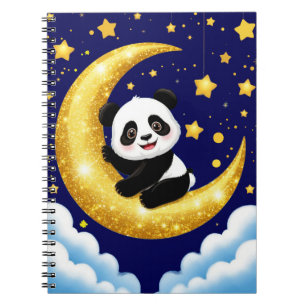 Cute Panda Sitting on a Golden Crescent Moon Notebook