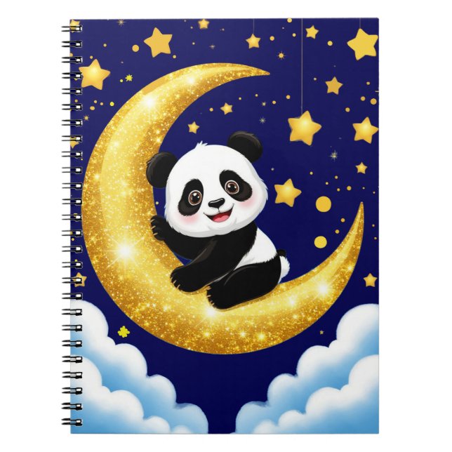 Cute Panda Sitting on a Golden Crescent Moon Notebook (Front)
