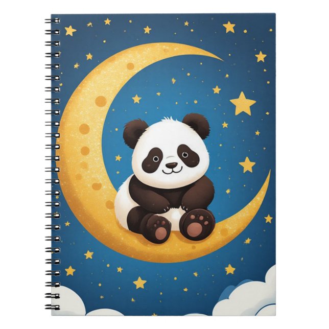 Cute Panda Sitting on a Golden Crescent Moon Notebook (Front)