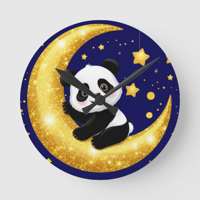 Cute Panda Sitting on a Golden Crescent Moon Round Clock (Front)