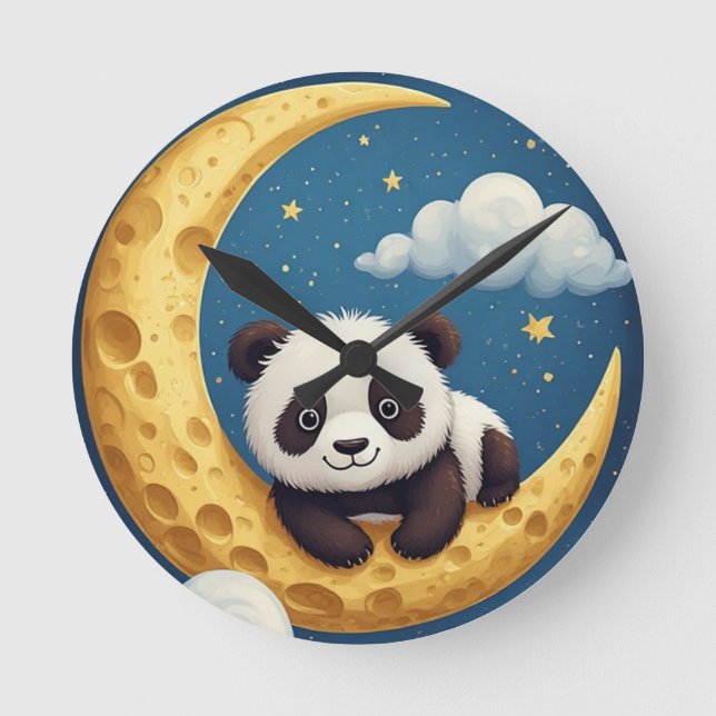 Cute Panda Sitting on a Golden Crescent Moon Round Clock (Front)