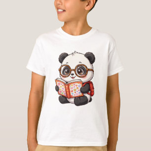 Cute Panda Student Reading Hearts Book T-Shirt