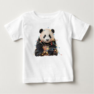Cute Panda Tangled in Christmas Lights Baby T-Shirt