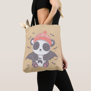 Cute Panda Vampire and Bats Gold Halloween Tote Bag