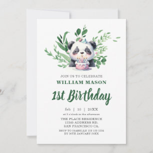 Cute Panda Watercolor Greenery 1st Birthday Invitation