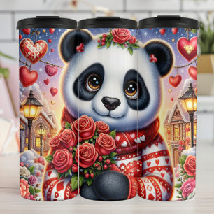Cute Panda Winter Rose Bouquet Wrap Thermal Tumbler