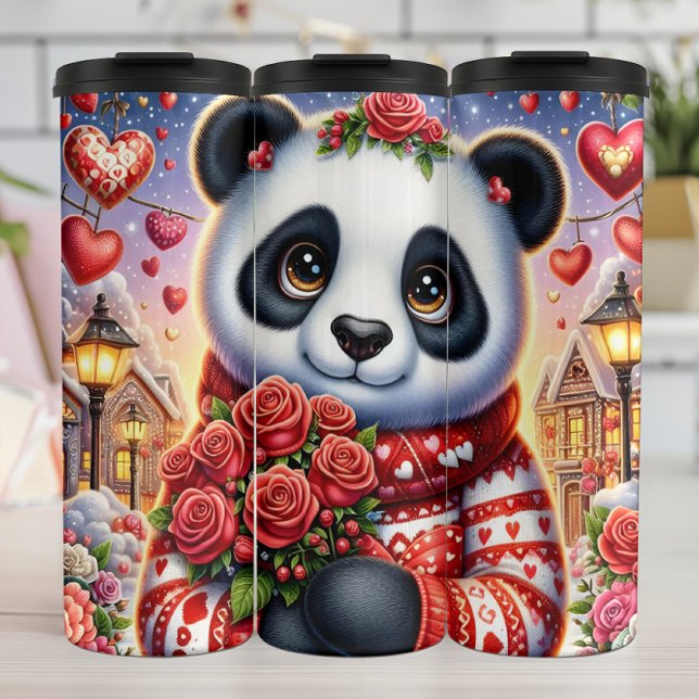 Cute Panda Winter Rose Bouquet Wrap Thermal Tumbler (Creator Uploaded)