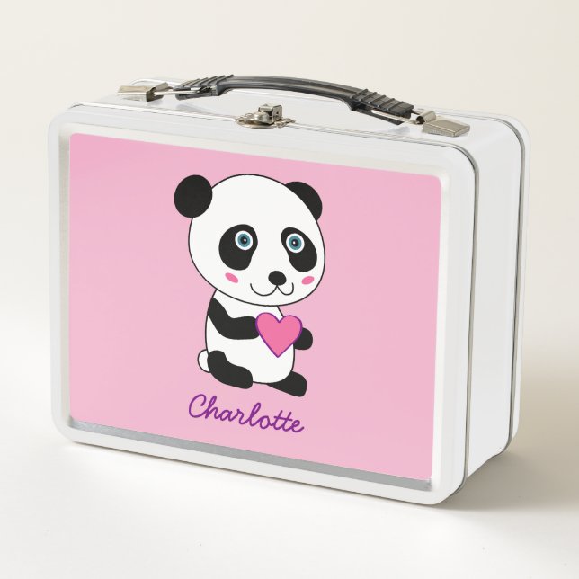 Cute Panda with a Pink Heart Personalised Lunch Bo Metal Lunch Box (Front)