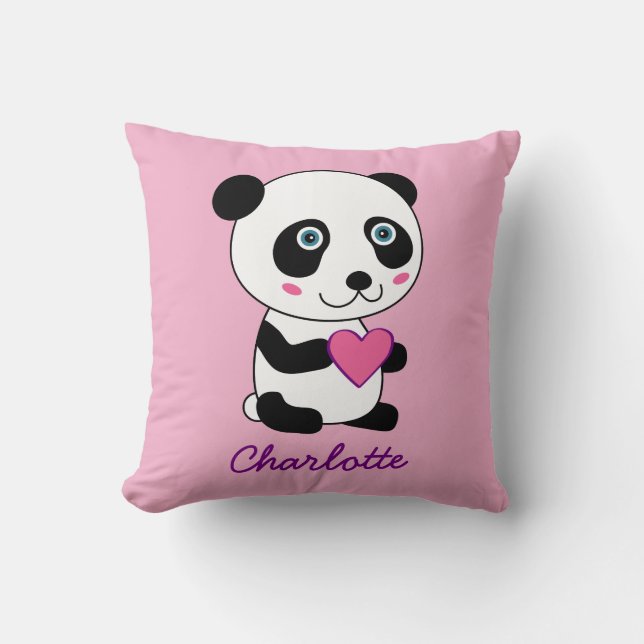 Cute Panda with a Pink Heart Personalised Name Cushion (Front)