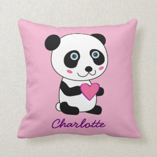 Cute Panda with a Pink Heart Personalised Name Cushion