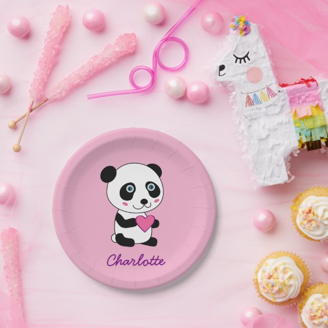 Cute Panda with a Pink Heart Personalised Name Mel Paper Plate (Party)