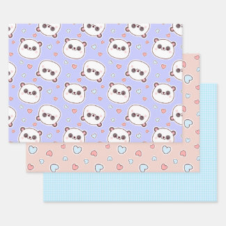 Cute panda with birthday hearts wrapping paper sheet