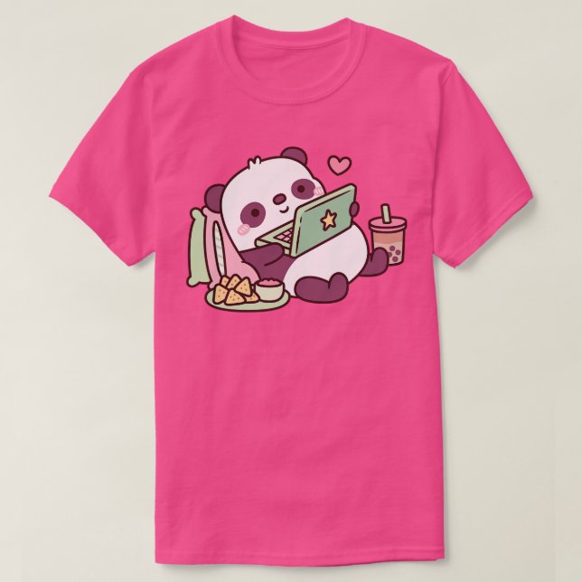 Cute Panda  with  Chips and Bubble Tea T-Shirt (Design Front)
