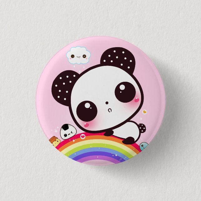 Cute panda with kawaii food on rainbow 3 cm round badge (Front)