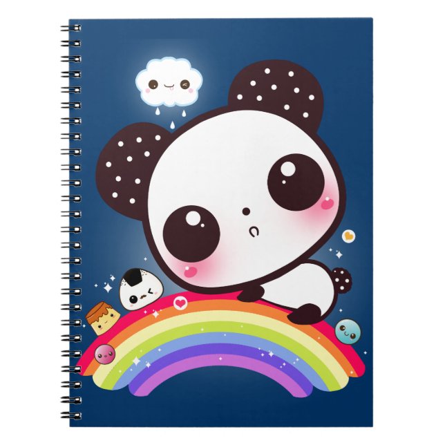 Cute panda with kawaii food on rainbow spiral notebook (Front)