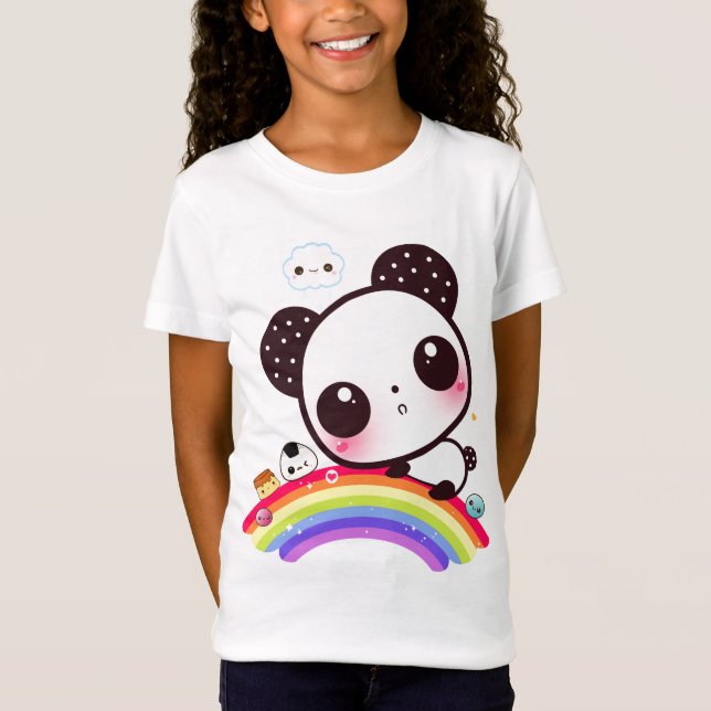 Cute panda with kawaii food on rainbow T-Shirt (Front)