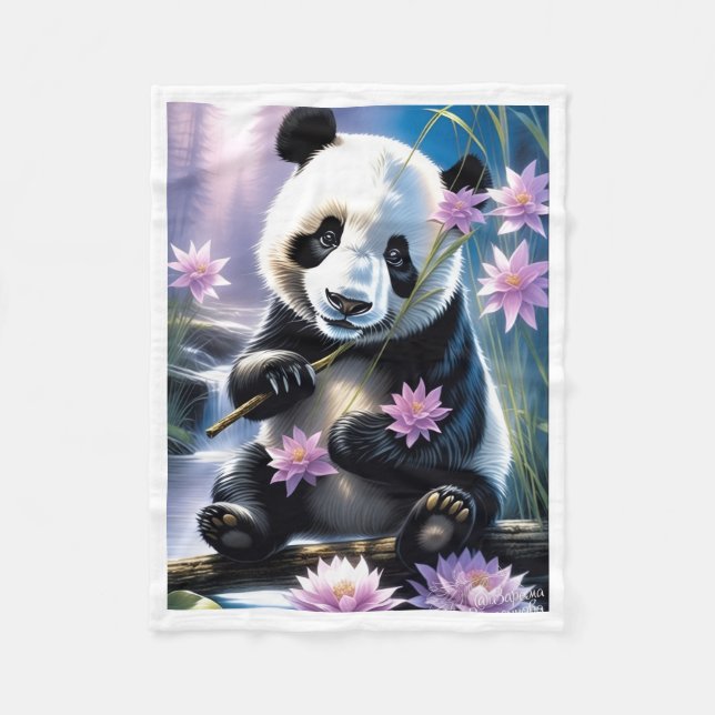 Cute Panda with Pink Lotus Flowers Blanket (Front)