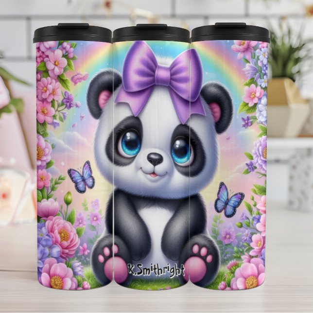Cute Panda with Purple Bow and Butterflies Thermal Tumbler (Creator Uploaded)