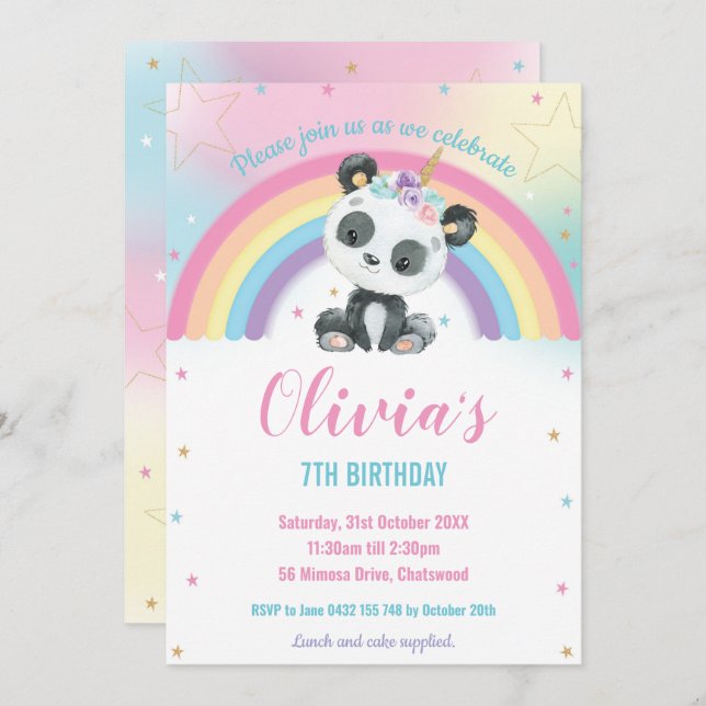 Cute Pandacorn Panda Rainbow Birthday Party  Invitation (Front/Back)